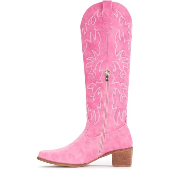 Women Faux Leather Pink Side Zipper Chunky Heel Knee High Western Cowgirl Boots - Picture 3 of 8